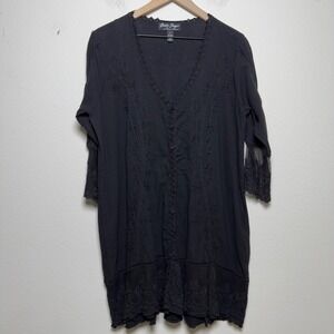 Gretty Zueger Women Cotton Tunic Top L Black Embroidered Lace Button Front